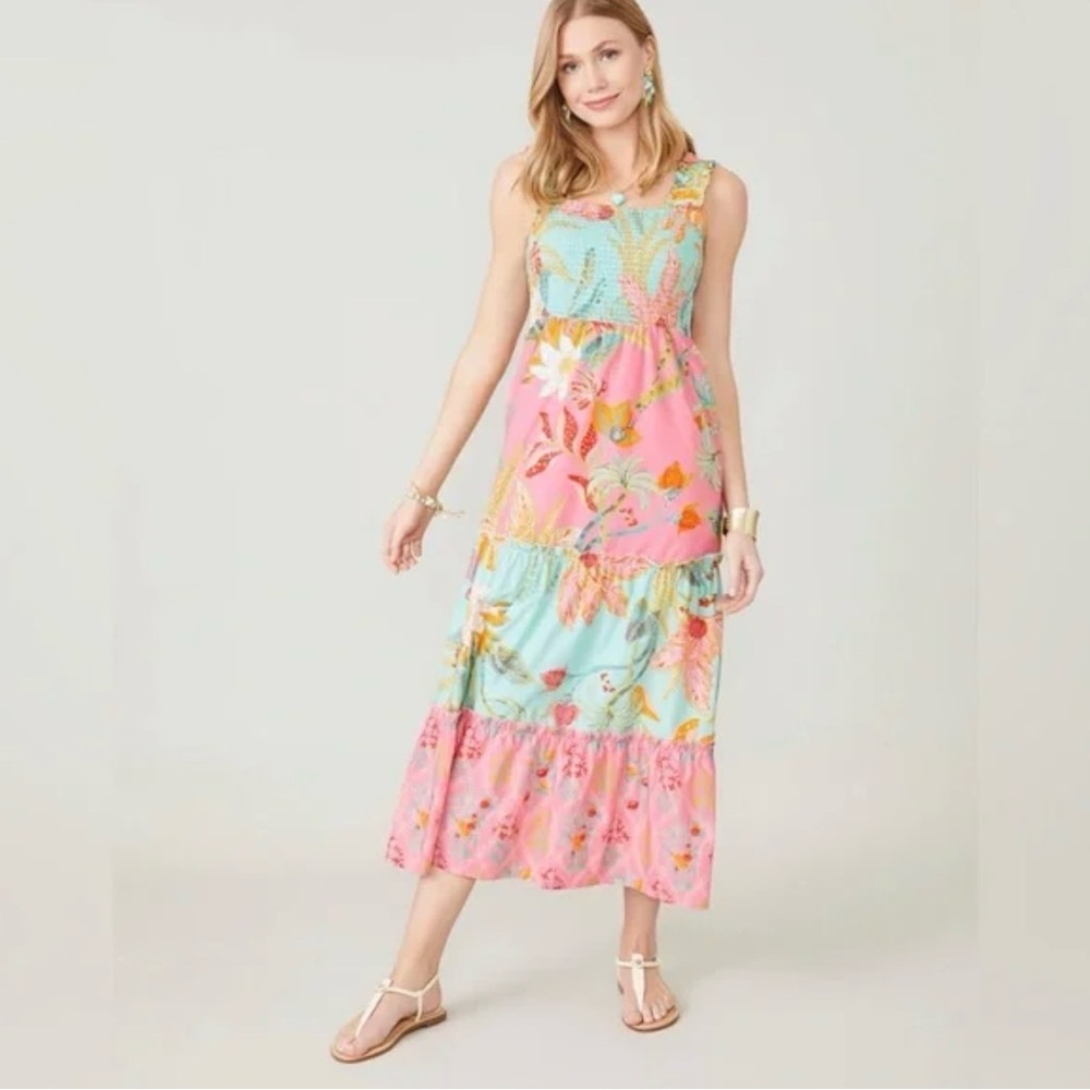 Spartina 449 Pink and Aqua Floral Tiered Maxi Dress